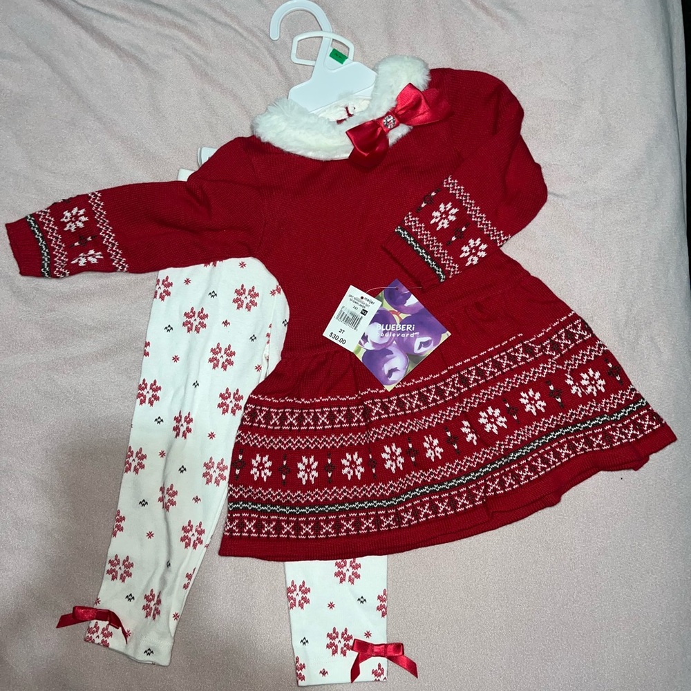 Red and White Holiday Dress with Leggings
